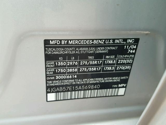 4JGAB57E15A569840 - 2005 MERCEDES-BENZ ML 350 SILVER photo 10