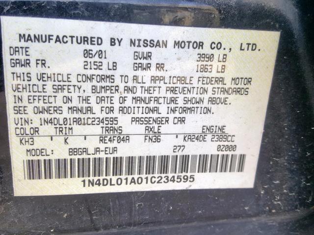 1N4DL01A01C234595 - 2001 NISSAN ALTIMA GXE BLACK photo 10