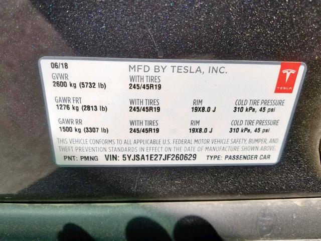 5YJSA1E27JF260629 - 2018 TESLA MODEL S GRAY photo 10