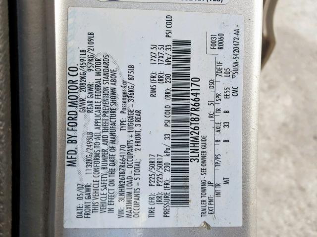 3LNHM26T87R664170 - 2007 LINCOLN MKZ GRAY photo 10