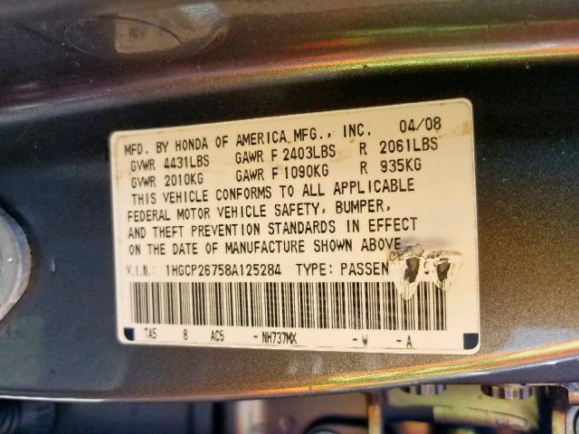 1HGCP26758A125284 - 2008 HONDA ACCORD EX GRAY photo 10