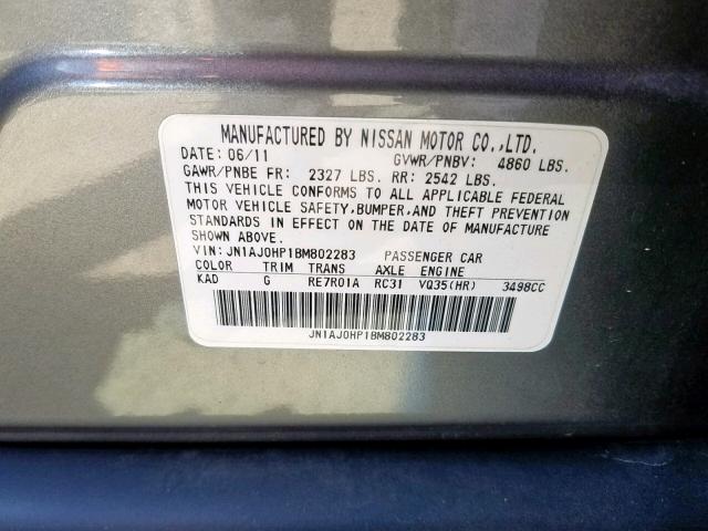 JN1AJ0HP1BM802283 - 2011 INFINITI EX35 BASE GRAY photo 10