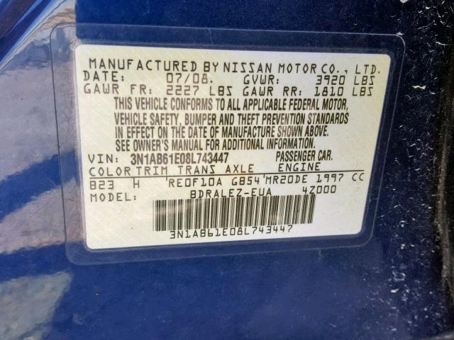 3N1AB61E08L743447 - 2008 NISSAN SENTRA 2.0 BLUE photo 10