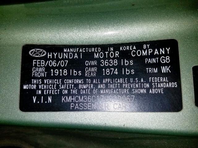 KMHCM36C17U039067 - 2007 HYUNDAI ACCENT GS GREEN photo 10