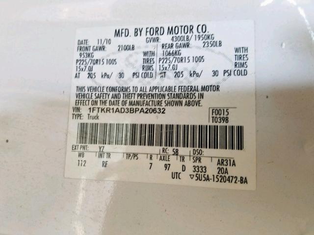 1FTKR1AD3BPA20632 - 2011 FORD RANGER WHITE photo 10