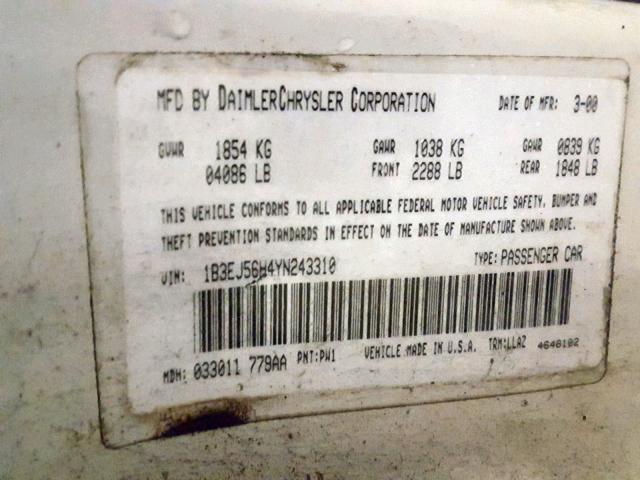 1B3EJ56H4YN243310 - 2000 DODGE STRATUS ES WHITE photo 10