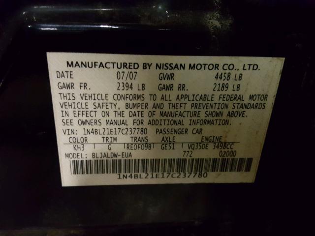 1N4BL21E17C237780 - 2007 NISSAN ALTIMA 3.5 BLACK photo 10