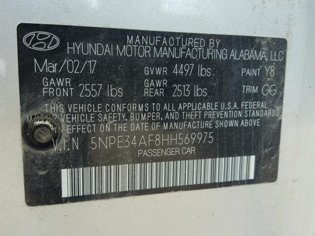 5NPE34AF8HH569975 - 2017 HYUNDAI SONATA SPO SILVER photo 10