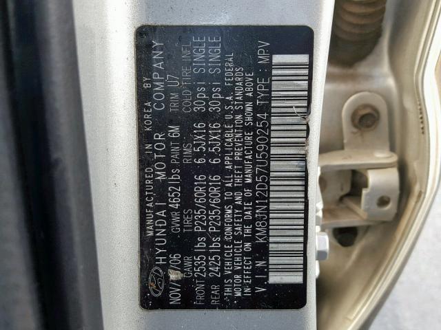 KM8JN12D57U590254 - 2007 HYUNDAI TUCSON SE SILVER photo 10