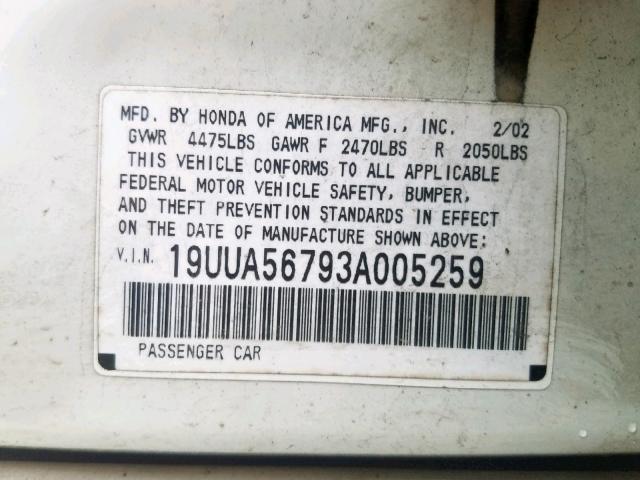 19UUA56793A005259 - 2003 ACURA 3.2TL WHITE photo 10