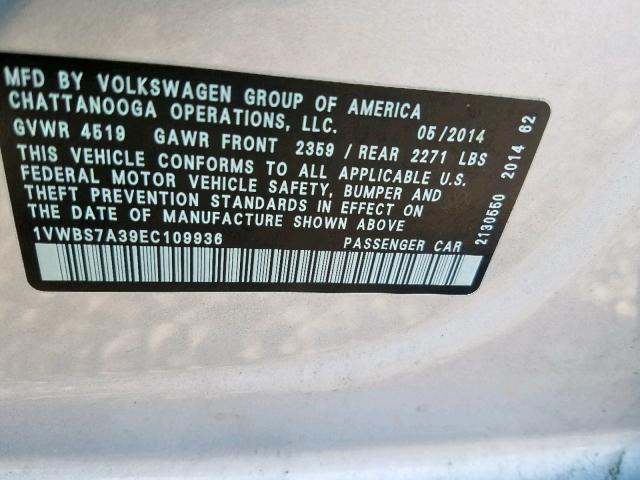 1VWBS7A39EC109936 - 2014 VOLKSWAGEN PASSAT SE SILVER photo 10