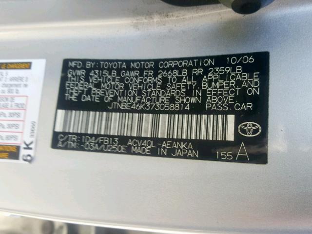 JTNBE46K373058814 - 2007 TOYOTA CAMRY NEW SILVER photo 10