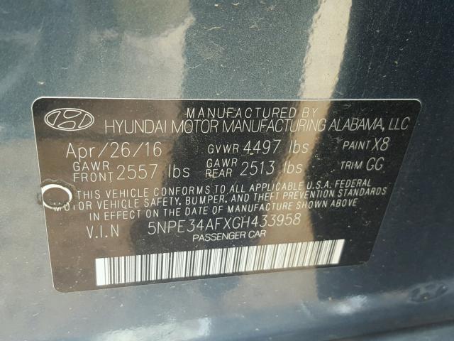 5NPE34AFXGH433958 - 2016 HYUNDAI SONATA SPO BLUE photo 10