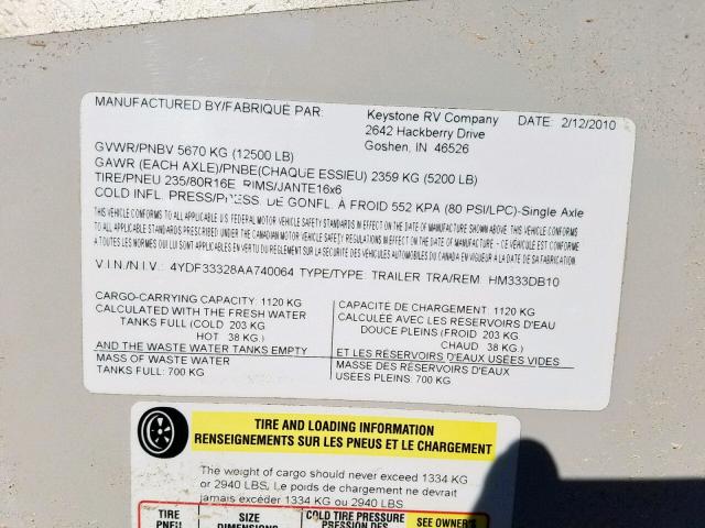 4YDF33328AA740064 - 2010 KEYSTONE MONTANA WHITE photo 10