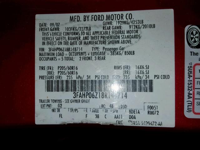 3FAHP06Z18R148714 - 2008 FORD FUSION S RED photo 10