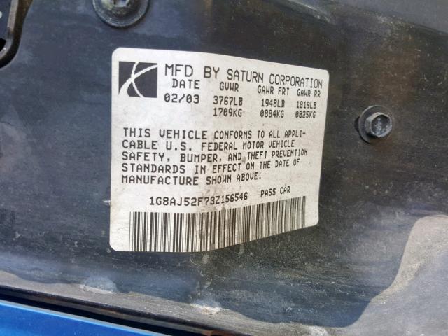 1G8AJ52F73Z156546 - 2003 SATURN ION LEVEL BLUE photo 10