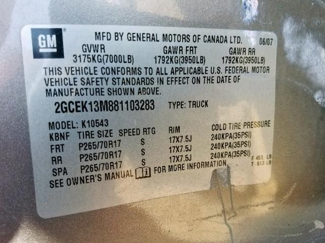 2GCEK13M881103283 - 2008 CHEVROLET SILVERADO GRAY photo 10