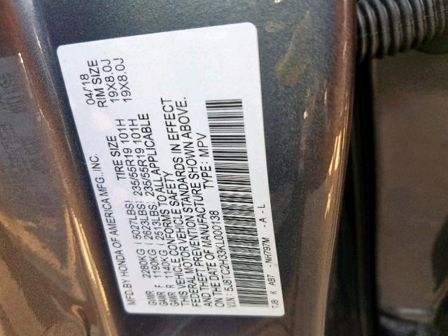 5J8TC2H33KL000138 - 2019 ACURA RDX GRAY photo 10