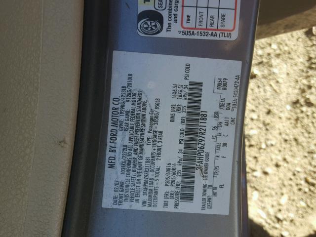 3FAHP06Z97R211881 - 2007 FORD FUSION S GRAY photo 10