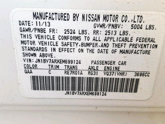 JN1BV7ARXEM699124 - 2014 INFINITI Q50 BASE WHITE photo 10