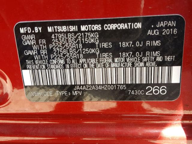 JA4AZ2A34HZ001765 - 2017 MITSUBISHI OUTLANDER RED photo 10