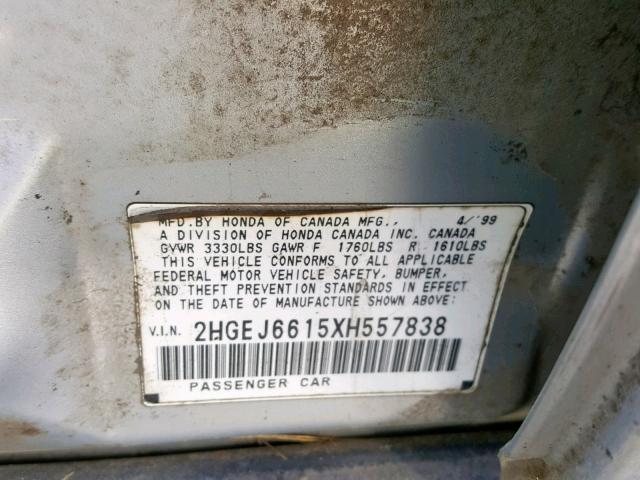 2HGEJ6615XH557838 - 1999 HONDA CIVIC BASE ვერცხლისფერი ფოტო 10