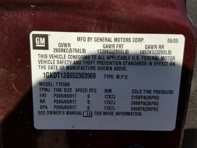 1GKDT13S652383969 - 2005 GMC ENVOY BURGUNDY photo 10