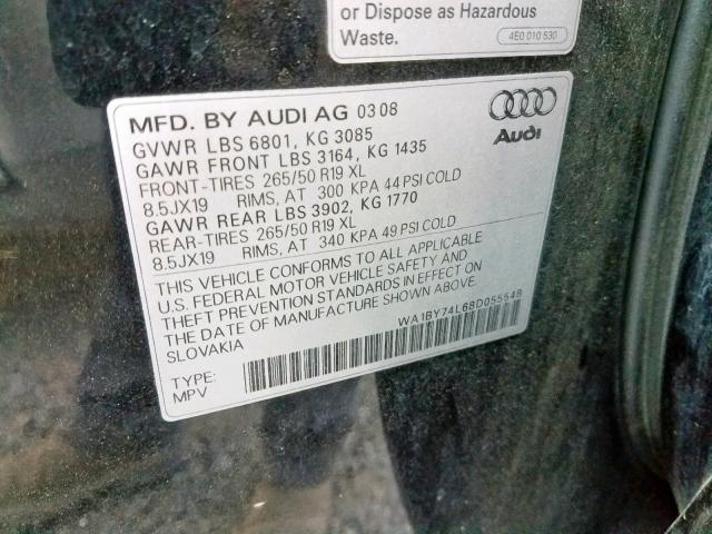 WA1BY74L68D055548 - 2008 AUDI Q7 3.6 QUA BLACK photo 10