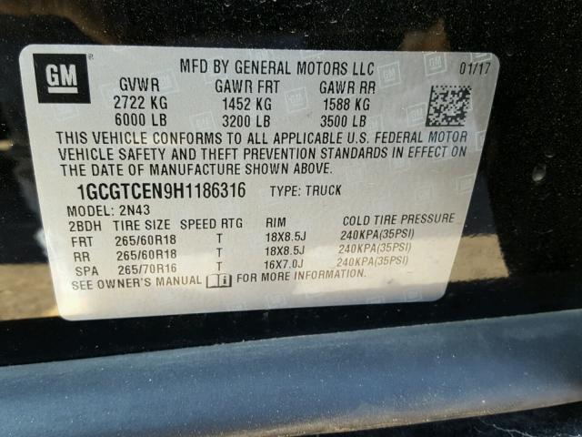 1GCGTCEN9H1186316 - 2017 CHEVROLET COLORADO L BLACK photo 10