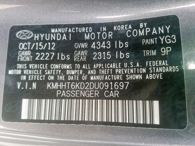 KMHHT6KD2DU091697 - 2013 HYUNDAI GENESIS CO GRAY photo 10