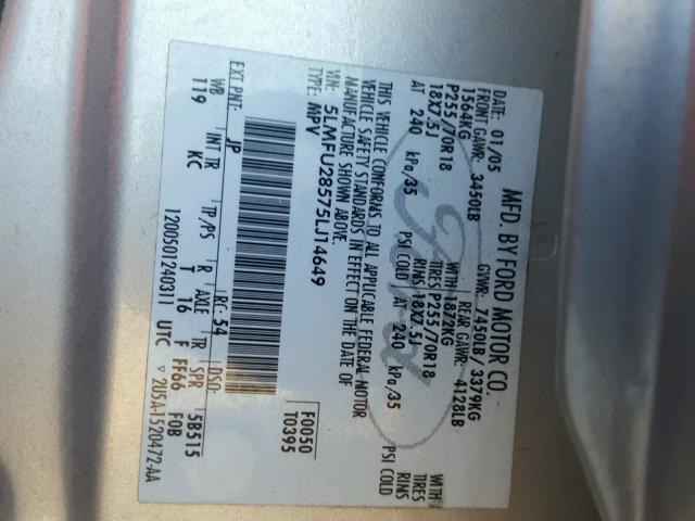 5LMFU28575LJ14649 - 2005 LINCOLN NAVIGATOR Күміс фото 10