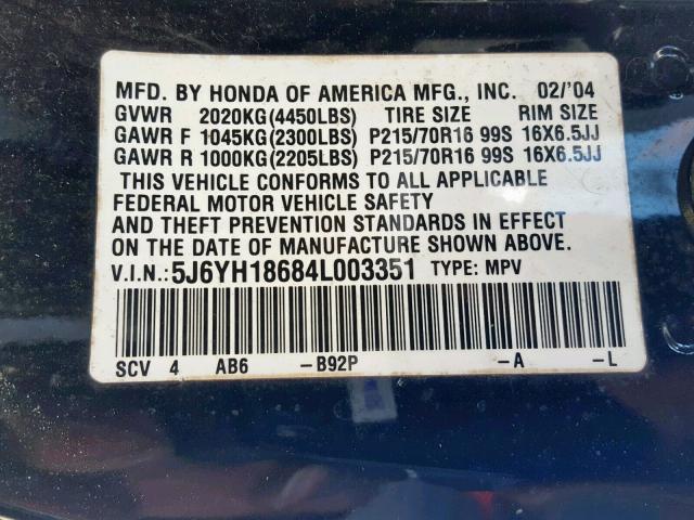 5J6YH18684L003351 - 2004 HONDA ELEMENT EX BLACK photo 10