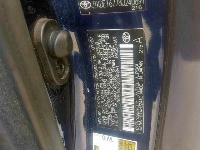 JTKDE167780240891 - 2008 TOYOTA SCION TC ლურჯი ფოტო 10