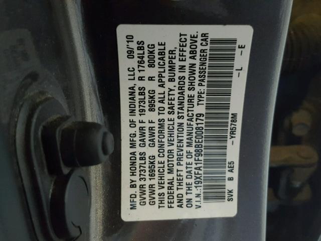 19XFA1F98BE008179 - 2011 HONDA CIVIC EXL GRAY photo 10