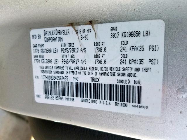 1D7HU18D24S502495 - 2004 DODGE RAM 1500 S SILVER photo 10