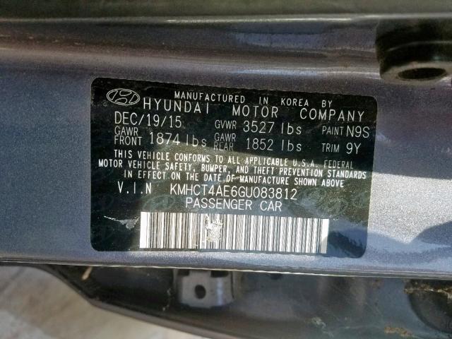 KMHCT4AE6GU083812 - 2016 HYUNDAI ACCENT SE GRAY photo 10