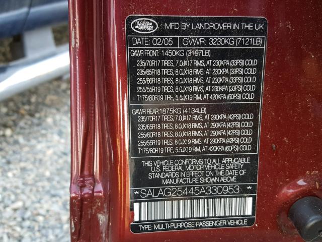 SALAG25445A330953 - 2005 LAND ROVER LR3 HSE MAROON photo 10