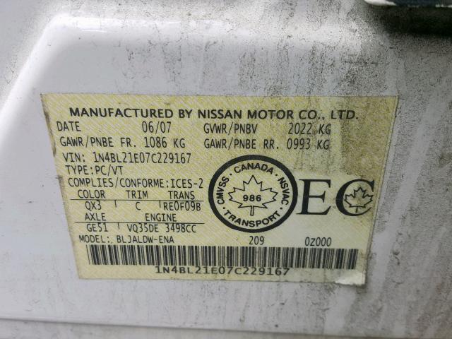 1N4BL21E07C229167 - 2007 NISSAN ALTIMA 3.5 WHITE photo 10