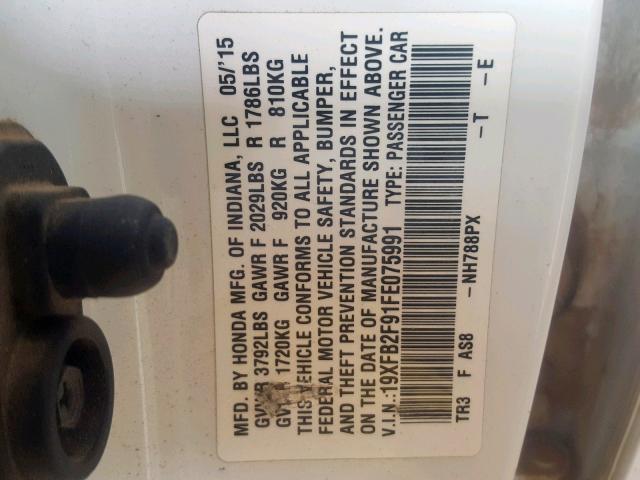 19XFB2F91FE075991 - 2015 HONDA CIVIC EXL Ağ foto 10