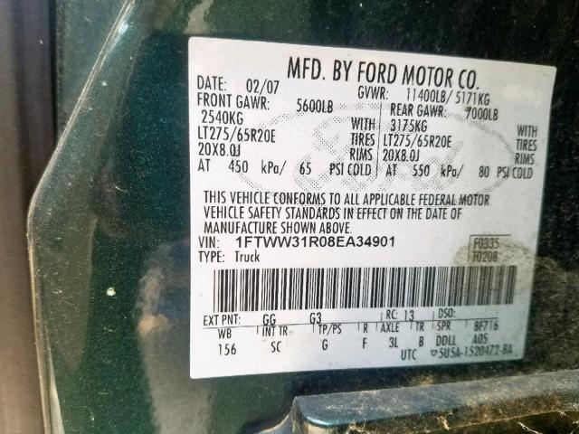 1FTWW31R08EA34901 - 2008 FORD F350 SRW S GREEN photo 10