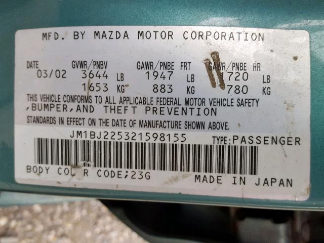 JM1BJ225321598155 - 2002 MAZDA PROTEGE DX GREEN photo 10