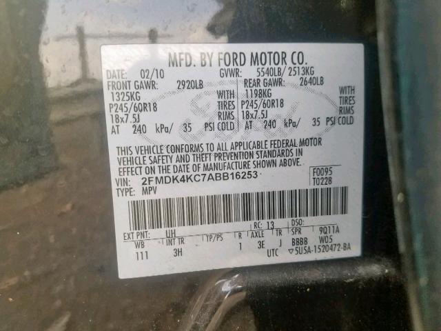 2FMDK4KC7ABB16253 - 2010 FORD EDGE LIMIT BLACK photo 10