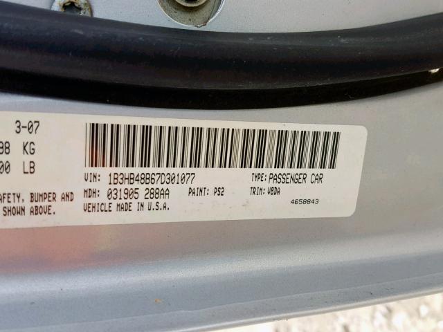 1B3HB48B67D301077 - 2007 DODGE CALIBER SX SILVER photo 10