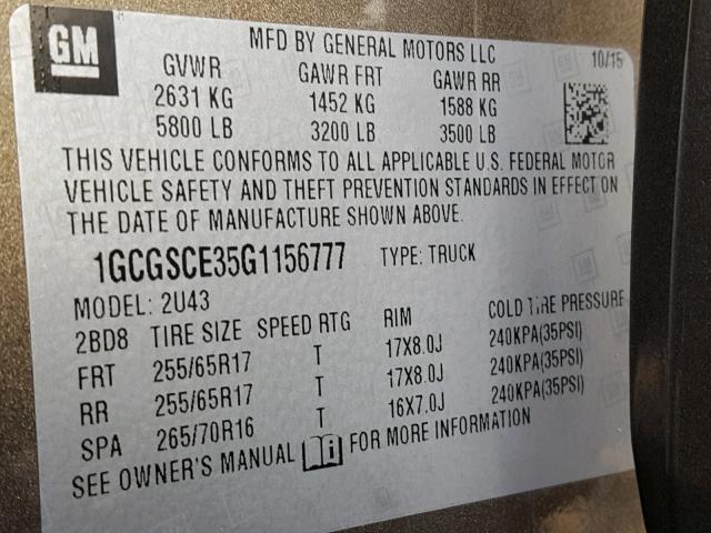 1GCGSCE35G1156777 - 2016 CHEVROLET COLORADO L BROWN photo 10