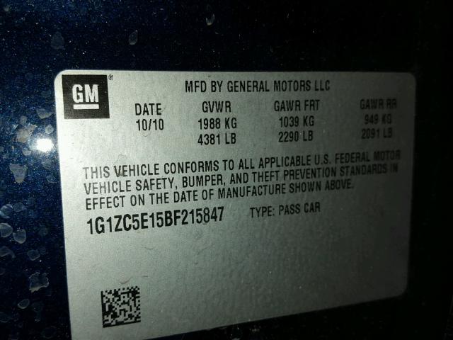 1G1ZC5E15BF215847 - 2011 CHEVROLET MALIBU 1LT BLUE photo 10