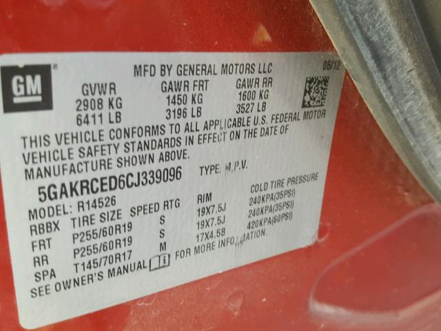 5GAKRCED6CJ339096 - 2012 BUICK ENCLAVE RED photo 10