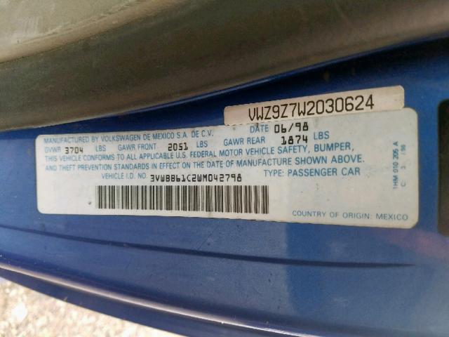 3VWBB61C2WM042798 - 1998 VOLKSWAGEN NEW BEETLE ლურჯი ფოტო 10