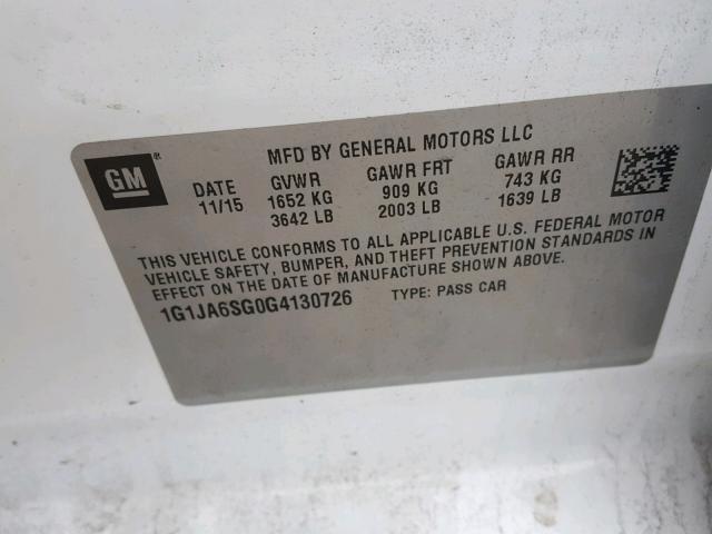 1G1JA6SG0G4130726 - 2016 CHEVROLET SONIC LS 白色 照片 10