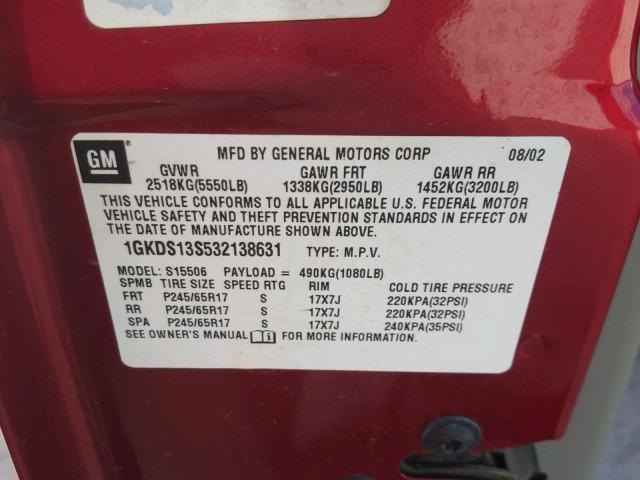 1GKDS13S532138631 - 2003 GMC ENVOY BURGUNDY photo 10