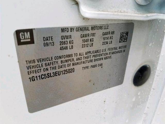 1G11C5SL3EU125020 - 2014 CHEVROLET MALIBU 1LT WHITE photo 10